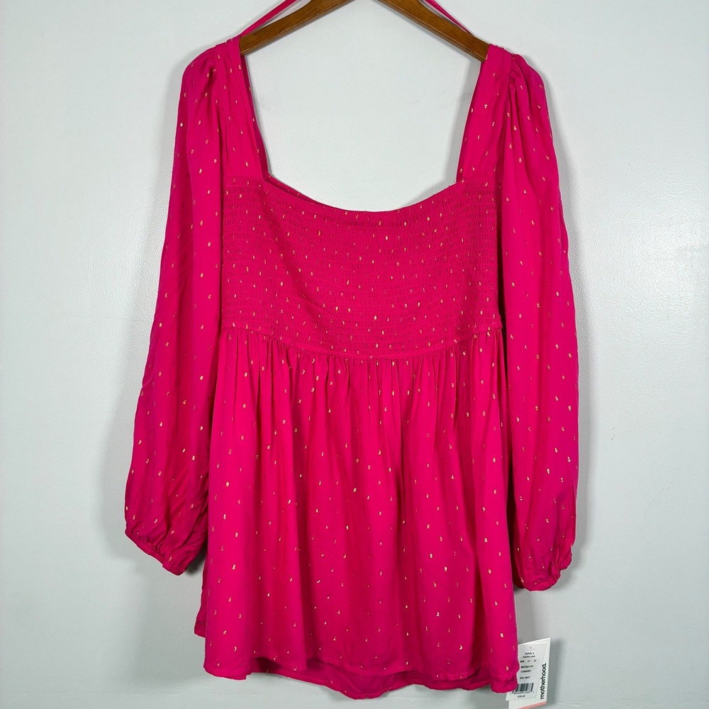 Motherhood Maternity Blouse XXL Gold Clip Dot Smocked Babydoll Top Boho Chic